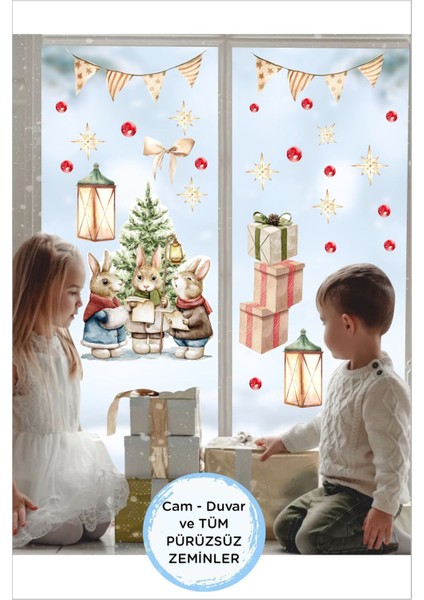 Yılbaşı Temalı Renkli Tavşanlar Cam ve Duvar Stickerleri, Çocuklar İçin Dekorasyon Parçası