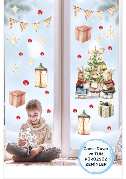 Yılbaşı Temalı Renkli Tavşanlar Cam ve Duvar Stickerleri, Çocuklar İçin Dekorasyon Parçası fiyatları