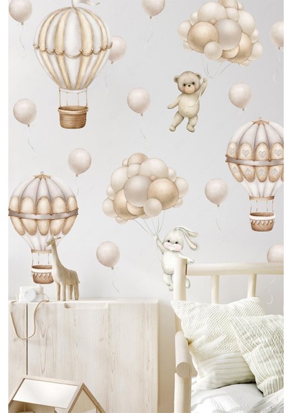 Çocuk Odası Renkli Hayvan ve Balonlar Duvar Sticker Seti, 5+ Parça, Çok Renkli