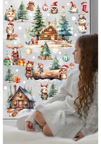 Orman Temalı Yılbaşı Sticker Seti, 5+ Parça, Çok Renkli, Eğlenceli Dekorasyon