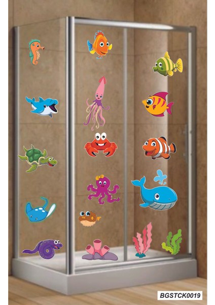 Renkli Balıklar Temalı Çocuk/Bebek Odası Cam Duşakabin Sticker, 1 Parça