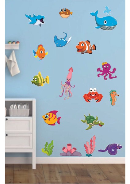 Renkli Balıklar Temalı Çocuk/Bebek Odası Cam Duşakabin Sticker, 1 Parça fiyatları