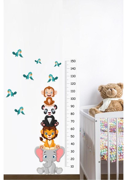 Çocuk odası renkli hayvan temalı yapışkan boy ölçer sticker seti 5+ parça