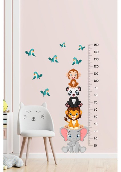 Çocuk odası renkli hayvan temalı yapışkan boy ölçer sticker seti 5+ parça modelleri
