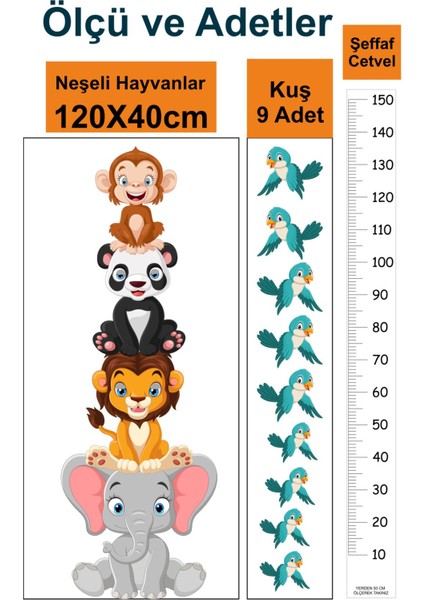 Çocuk odası renkli hayvan temalı yapışkan boy ölçer sticker seti 5+ parça fırsatları