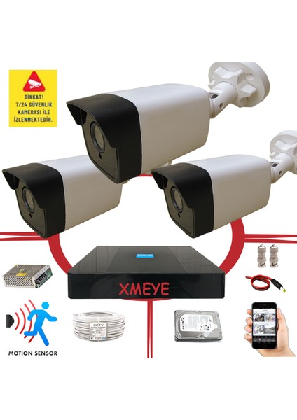 -Bises 3 Kameralı Hareket Algılayan 5 Mp Lens 36 Ir LED Plastik Kasa Güvenlik Kamerası Seti_536