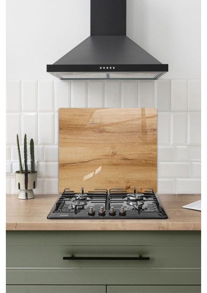 Doğal Ahşap Desenli Cam Ocak Arkası Koruyucu 52x60 cm, Renkli ve şık tasarım