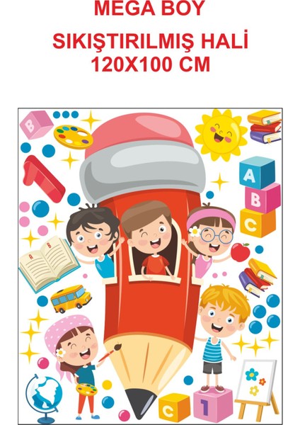 Kalem ve Öğrenciler Okula Dönüş Çocuk Odası Anaokulu Kreş Duvar Yapışkanlı Sticker Seti Mega Boy