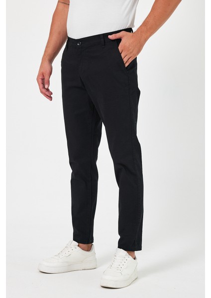 Theseason Erkek Siyah Gabardin Pamuklu Keten Slim Fit Yan Cep Esnek Chino Pantolon