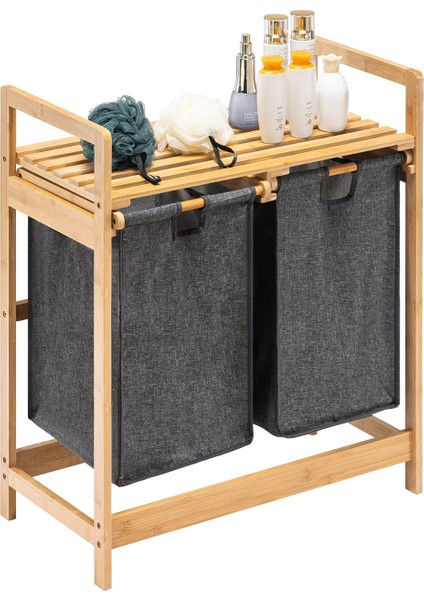 Bambu Çamaşır Sepeti Doğal Ahşap Banyo Düzenleyici Raf 2 Raflı Kirli Sepeti Banyo Mutfak Rafı