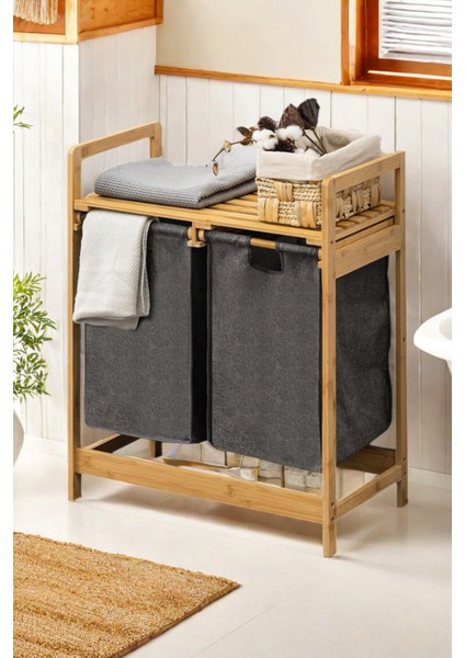 Bambu Çamaşır Sepeti Doğal Ahşap Banyo Düzenleyici Raf 2 Raflı Kirli Sepeti Banyo Mutfak Rafı