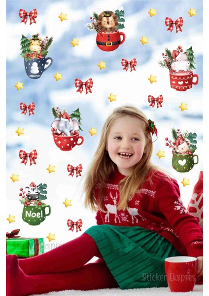 Sevimli hayvanlar yılbaşı cam kapı duvar sticker seti, renkli ve eğlenceli dekorasyon