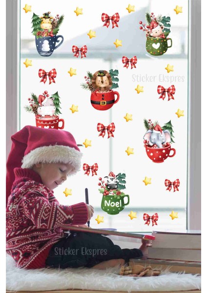 Sevimli hayvanlar yılbaşı cam kapı duvar sticker seti, renkli ve eğlenceli dekorasyon fiyatları