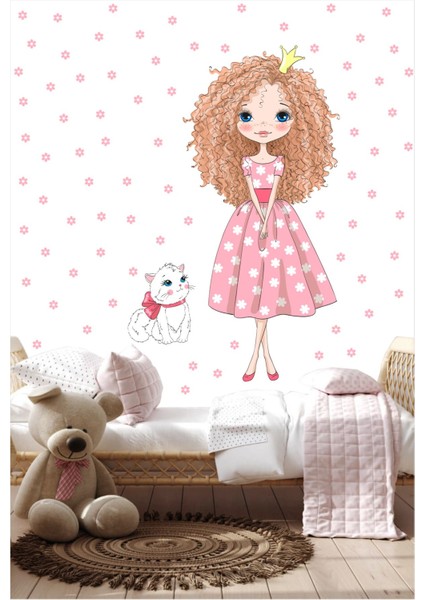 Çocuk Odası Renkli Kız ve Kedi Temalı Duvar Sticker Seti 5+ Parça