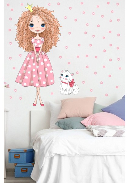 Çocuk Odası Renkli Kız ve Kedi Temalı Duvar Sticker Seti 5+ Parça modelleri