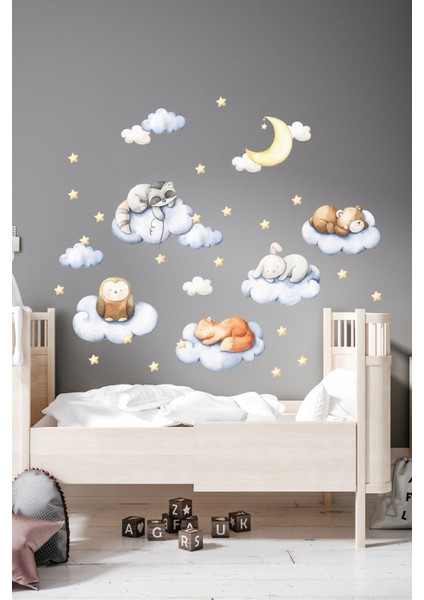 Renkli Uykucu Hayvanlar Duvar Sticker Seti, Çocuk ve Bebek Odası İçin Keyifli Dekorasyon