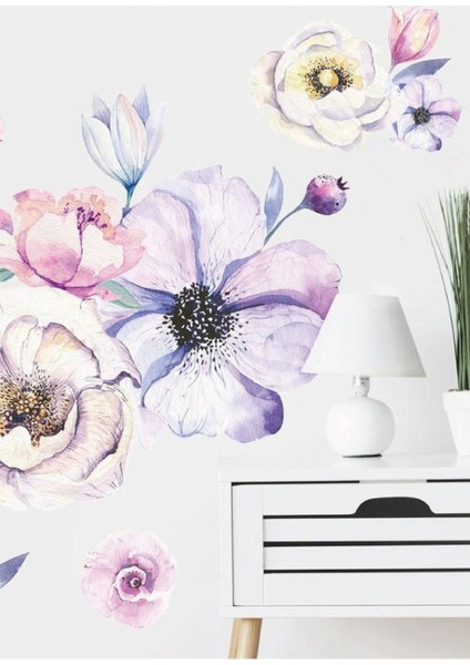 Mor Çiçekli Duvar Sticker Seti, Renkli ve Şık Dekorasyon Unsuru, 1 Parça