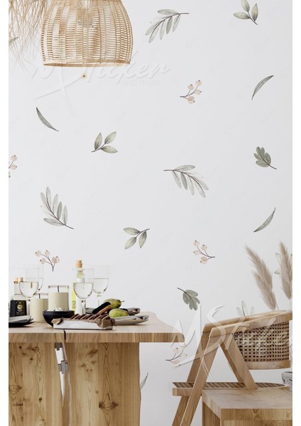 Renkli yaprak ve çiçek duvar sticker seti, çocuk odası dekoru için şık ve doğal 5+ parça