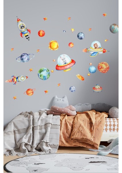 Çocuk odası duvar stickerleri, renkli ve eğlenceli uzay ve hayvan teması, 1 parça
