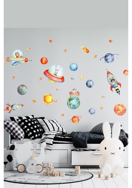 Çocuk odası duvar stickerleri, renkli ve eğlenceli uzay ve hayvan teması, 1 parça fiyatları