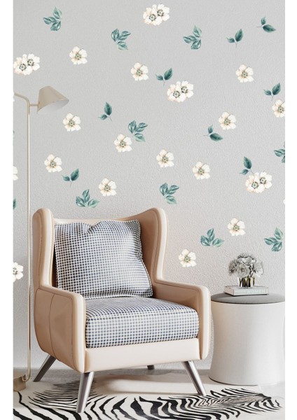 Beyaz Bahar Çiçekleri ve Yapraklar Dekoratif Duvar Sticker Seti, salon ve oturma odası için.