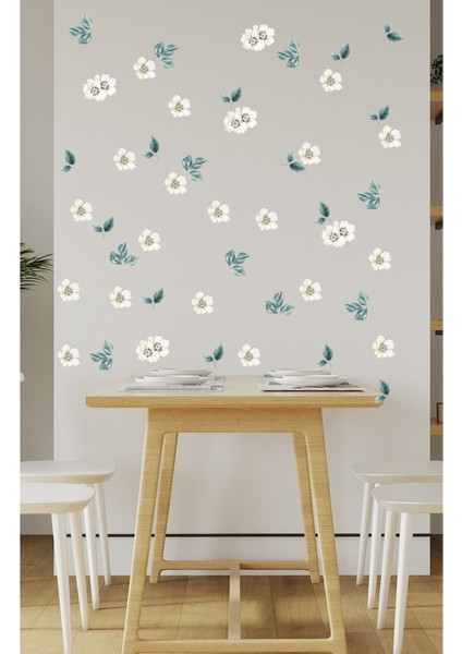 Beyaz Bahar Çiçekleri ve Yapraklar Dekoratif Duvar Sticker Seti, salon ve oturma odası için. modelleri