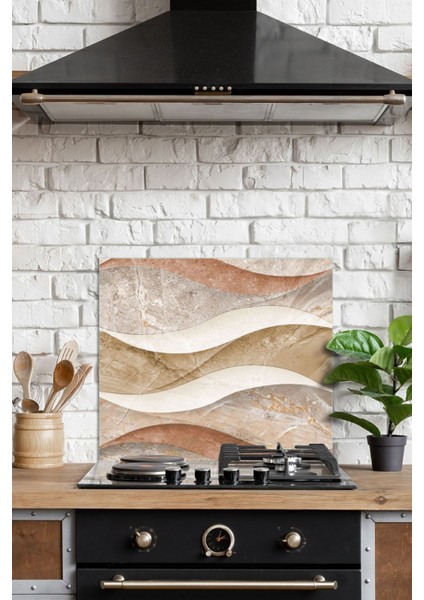 Dalgalı Mermer Desenli Ocak Arkası Koruyucu 60x52cm, Şık ve Dayanıklı Tasarım