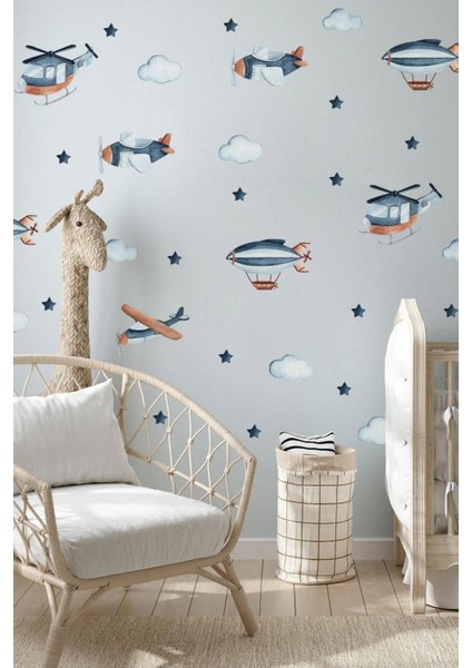 Çocuk odası renkli duvar sticker seti, uçaklar, bulutlar ve yıldızlar tasarımı