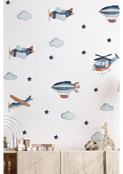 Çocuk odası renkli duvar sticker seti, uçaklar, bulutlar ve yıldızlar tasarımı fiyatları