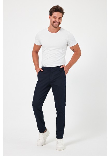 TheSeason Erkek Lacivert Gabardin Pamuklu Keten Slim Fit Yan Cep Esnek Chino Pantolon fırsatları