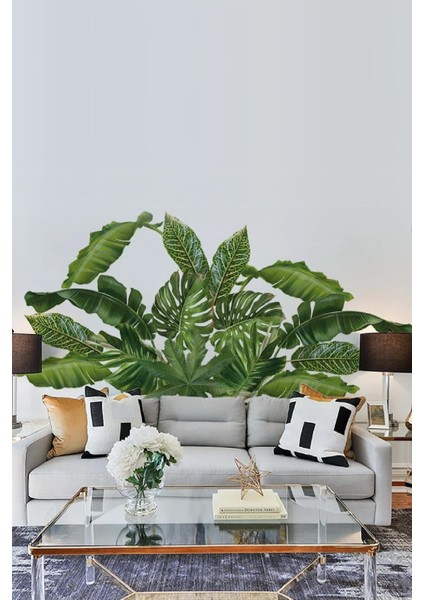 Canlı yeşil yapraklar temalı modern duvar sticker seti, doğa ile iç içe atmosfer sağlar.