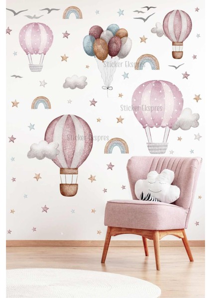 Yumuşak lila pembe balonlar çocuk odası duvar çıkartması, 5+ parça, çok renkli, şık ve eğlenceli