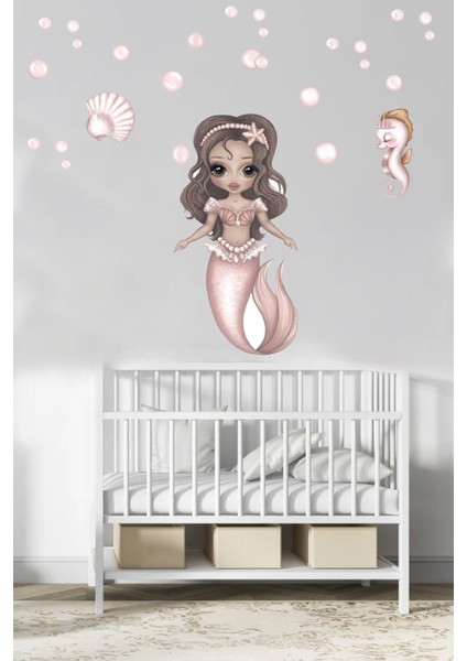 Renkli Deniz Kızı Çocuk Odası Duvar Sticker Seti, Eğlenceli ve Sevimli Dekorasyon Parça 5+