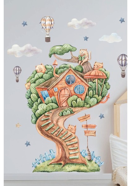 Renkli kedili ağaç ev duvar sticker seti, çocuk odası dekorasyonu için şık ve eğlenceli seçenek