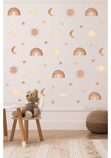 Rüya Gökkuşağı ve Bulutlar Çocuk Odası Duvar Sticker Seti, Çok Renkli, 5+ Parça