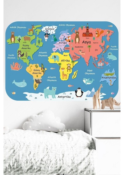 Çocuk Odası Dünya Haritası, Renkli ve Eğlenceli, Öğretici Tasarım, 5+ Parça