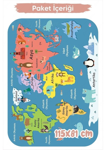 Çocuk Odası Dünya Haritası, Renkli ve Eğlenceli, Öğretici Tasarım, 5+ Parça modelleri