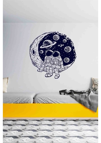 Renkli Uzay ve İkiz Astronotlar Duvar Sticker, Çocuk Odası Dekoru, 3D, Çok Renkli