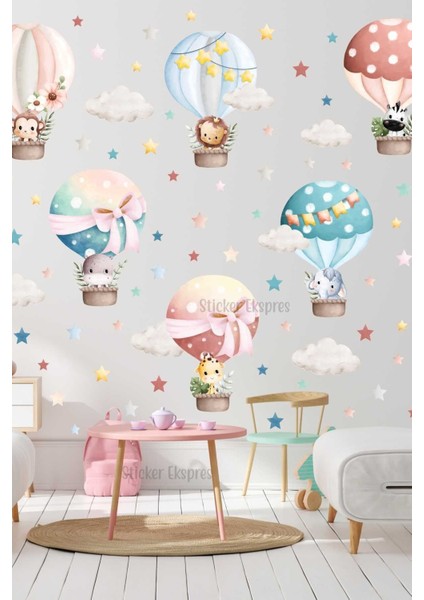 Sevimli Hayvanların Renkli Balon Yolculuğu Çocuk Odası Duvar Sticker Seti