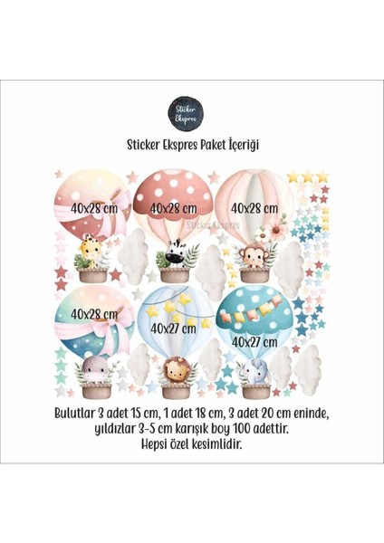 Sevimli Hayvanların Renkli Balon Yolculuğu Çocuk Odası Duvar Sticker Seti modelleri