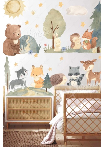 Renkli orman temalı sevimli hayvanlar çocuk odası sticker seti, eğlenceli dekorasyon sağlar