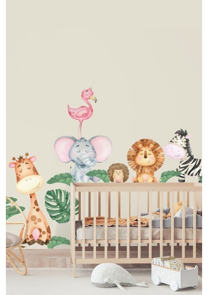 Neşeli Orman Hayvanları Flamingo Kirpi Aslan Zebra Fil Zürafa Çocuk Odası Duvar Sticker