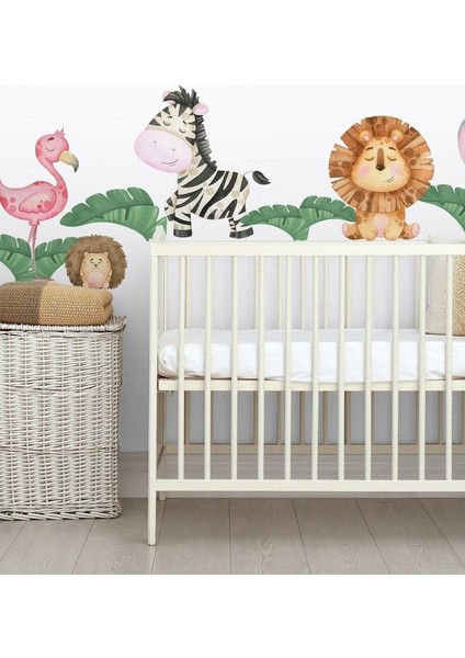 Neşeli Orman Hayvanları Flamingo Kirpi Aslan Zebra Fil Zürafa Çocuk Odası Duvar Sticker fiyatları