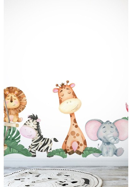 Neşeli Orman Hayvanları Flamingo Kirpi Aslan Zebra Fil Zürafa Çocuk Odası Duvar Sticker modelleri