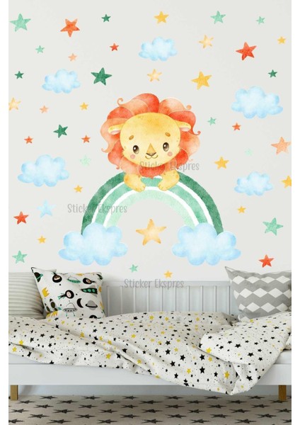 Renkli ve sevimli aslan ve yıldızlar çocuk odası duvar sticker seti, 5+ parça