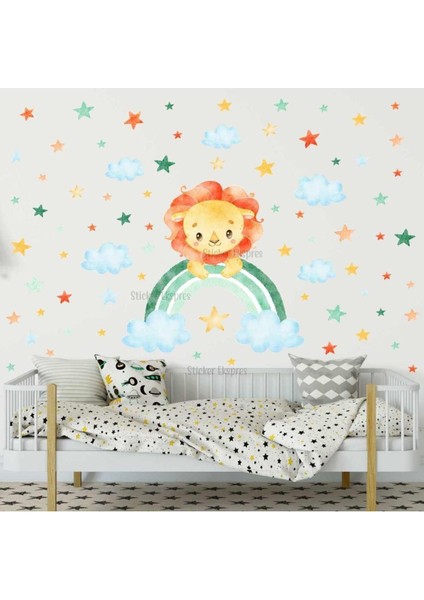 Renkli ve sevimli aslan ve yıldızlar çocuk odası duvar sticker seti, 5+ parça fiyatları