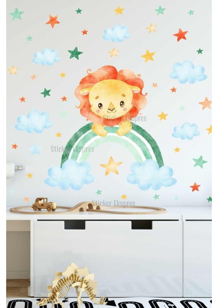Renkli ve sevimli aslan ve yıldızlar çocuk odası duvar sticker seti, 5+ parça modelleri