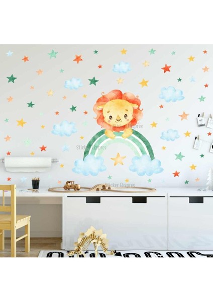Renkli ve sevimli aslan ve yıldızlar çocuk odası duvar sticker seti, 5+ parça fırsatları