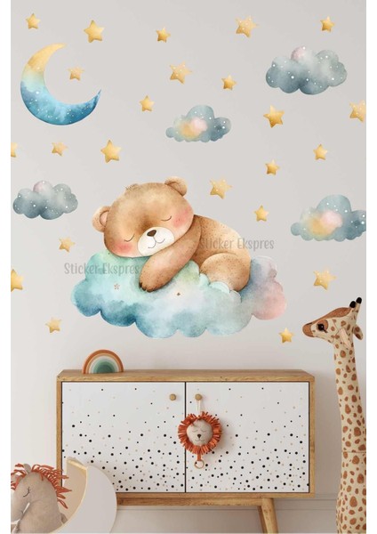 Sevimli Uyuyan Ayıcık Çocuk Odası Duvar Sticker Seti, Renkli ve Eğlenceli Dekorasyon, 5+ Parça