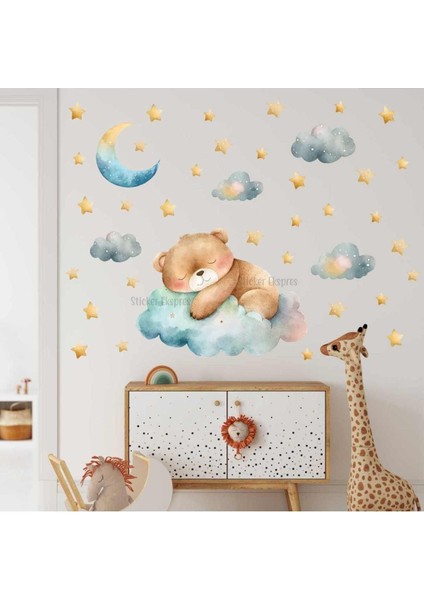 Sevimli Uyuyan Ayıcık Çocuk Odası Duvar Sticker Seti, Renkli ve Eğlenceli Dekorasyon, 5+ Parça fiyatları